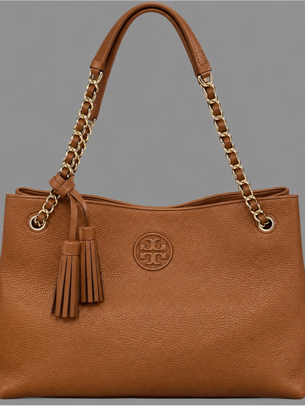 Tory Burch Cognac Leather Tote with Tassel and Chain Straps